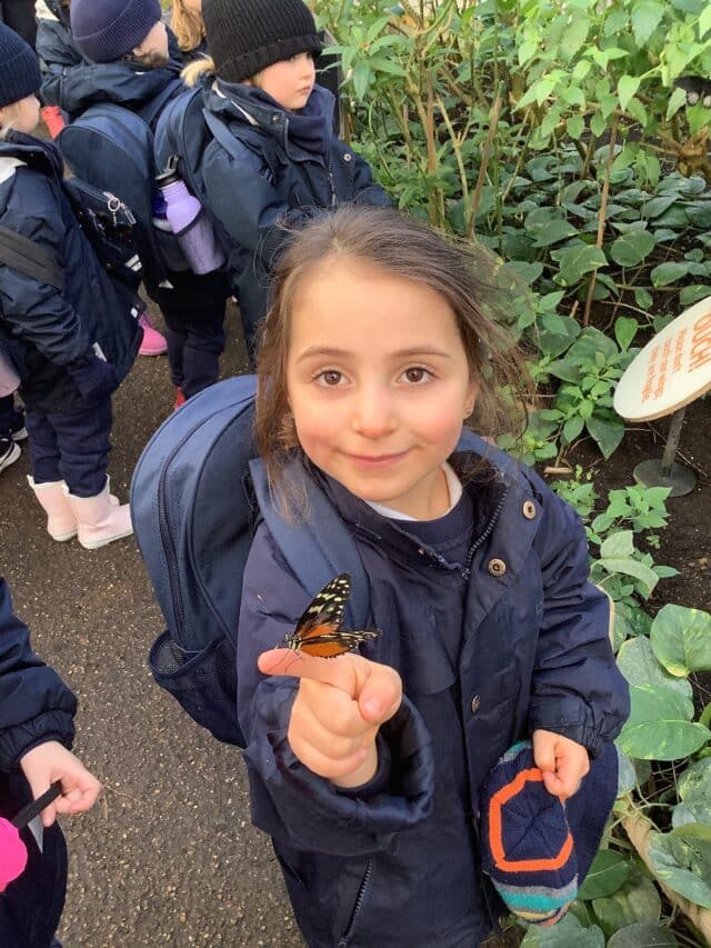 butterfly lands on student's finger